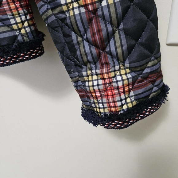 Crown & Ivy Navy Plaid Puffer Quilted Jacket Quilted Zip Front Fringe Pockets L - Picture 7 of 10